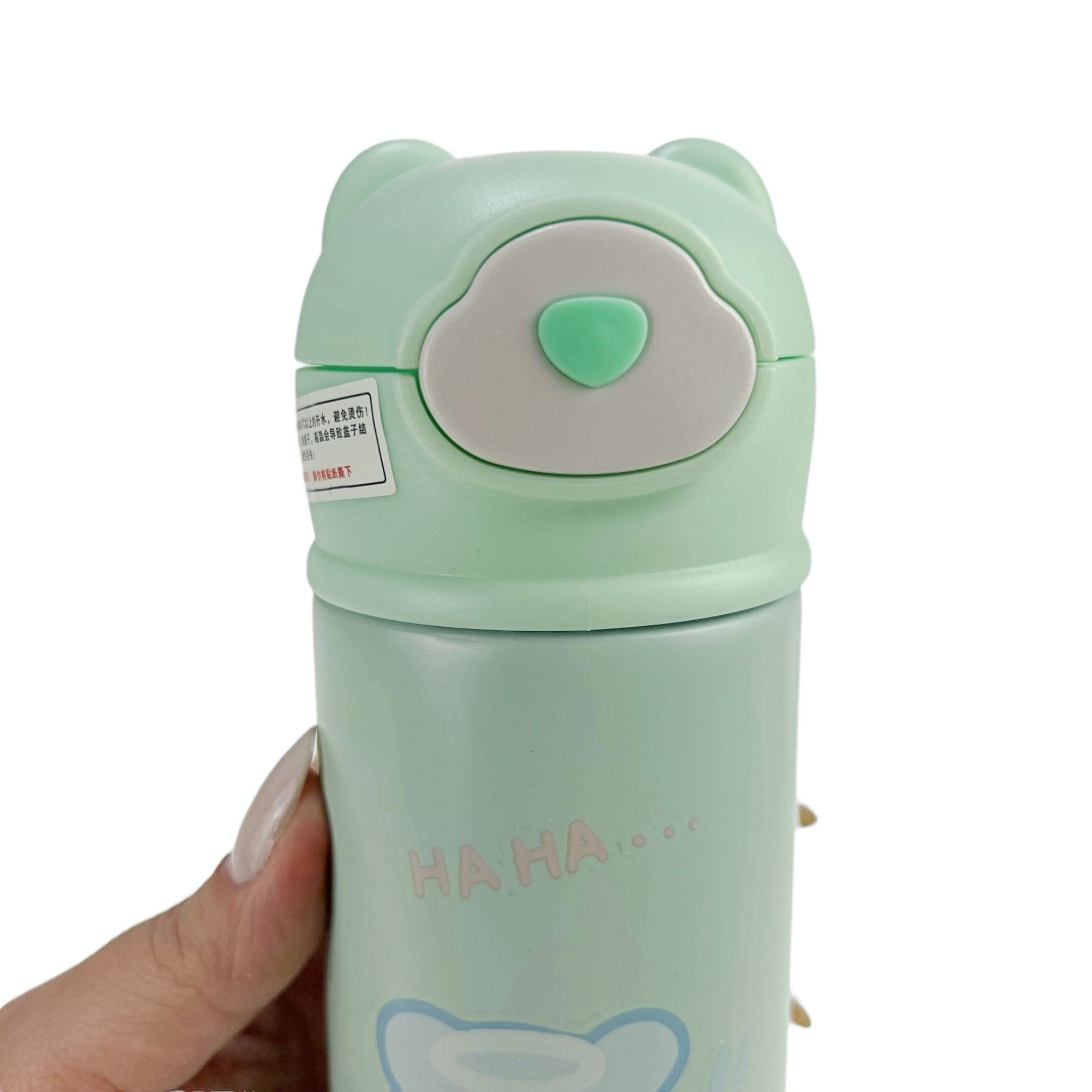 Garrafa Térmica Infantil Com Canudo 420mls Aço Inox Squeeze Escolar Tampa Ursinho Água Suco Verde - 6