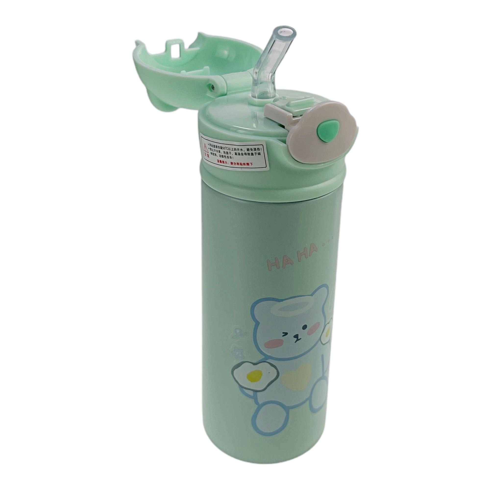 Garrafa Térmica Infantil Com Canudo 420mls Aço Inox Squeeze Escolar Tampa Ursinho Água Suco Verde - 4
