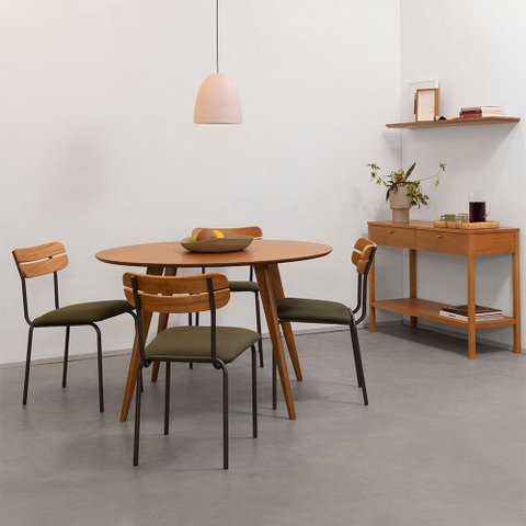 Conjunto Mesa Jantar Square Laminada Redonda Natural - 1,08m + 4 Cadeiras Ribs Sarja - Verde Oliva a