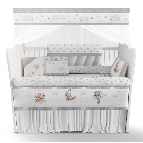 Kit de Berço Enxoval de Bebê Ursinho Nuvens Cinza