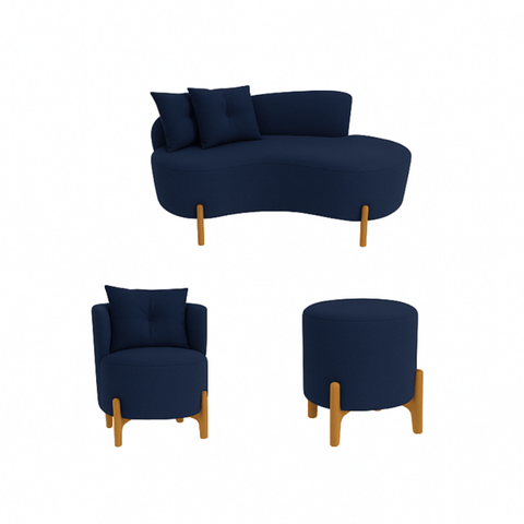Kit Decorativo Sofá Curvo Orgânico + 01 Puff e Poltrona Luna Veludo Azul Marinho - Montanaris Decor
