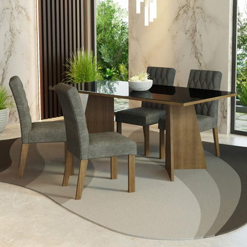 Conjunto Sala de Jantar Mesa Tampo de Vidro 4 Cadeiras Rustic/preto/silver Harper Madesa