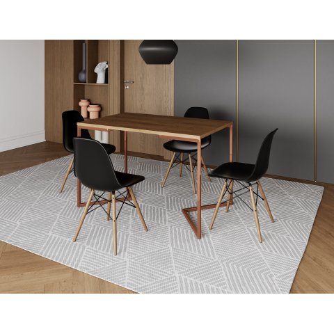 Mesa de Jantar Industrial Base Ferro Cobre em  V  Tampo 137x90 Amêndoa 4 Cadeiras Eames Madeira Asse