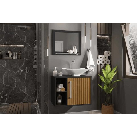 Conj Gabinete e Espelheira Baden P/ Banheiro Preto/ripado