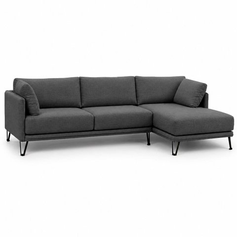 Sofá Sala de Estar Atena Chaise Direito Pés de Ferro 284cm 5 Lugares Linho Grafite M1 - Monari Desig