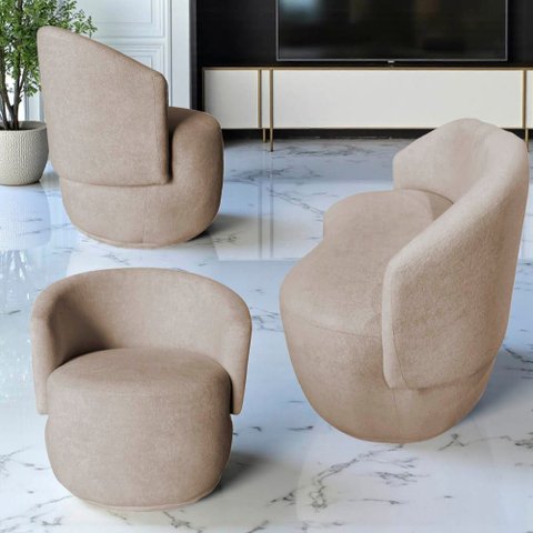 Kit Namoradeira + 2 Poltronas Decorativa Beatriz Orgânica Veludo Bege