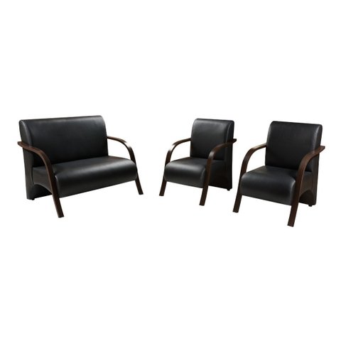 Conjunto Sevilha Namoradeira + 2 Poltronas Decorativa Braço De Madeira Recepção Sala - Corino Preto