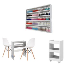 Conjunto Mesa Manicure + Prateleira Porta Esmaltes + Carrinho Auxiliar + 2 Eames Cadeira Branca AJL 