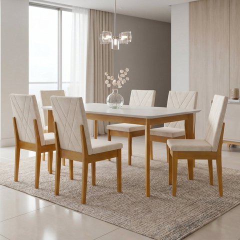 Mesa de Jantar com Kit 6 Cadeiras Madeira Maciça Siera/Dakota Cerejeira Nevoa