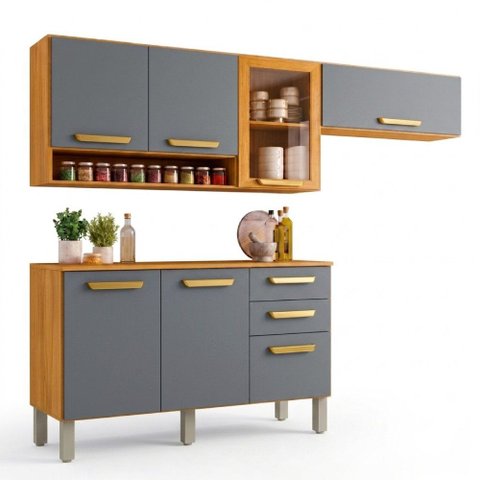 Cozinha Completa Athenas com Balcão + Armário Aéreo com Vidro + Nicho Mobilihouse