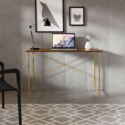 Mesa Escrivaninha para Estudo Office 0,76 Cm Miami Imbuia/dourado