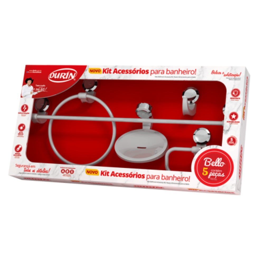 Kit Acessórios para Banheiro 5 Peças Linha Bello Cor Cinza e Cromado Durín - 1