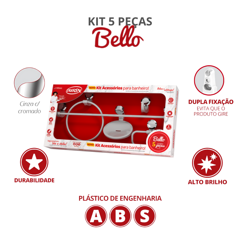 Kit Acessórios para Banheiro 5 Peças Linha Bello Cor Cinza e Cromado Durín - 2