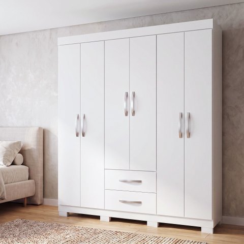 Guarda-Roupa Casal 6 Portas, 2 Gavetas e Pés Light Plus Branco