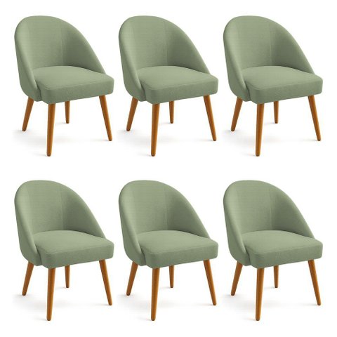 Kit 06 Cadeiras Poltrona de Jantar Estofada Luna Bouclê Verde Pistache Pés Palito Castanho