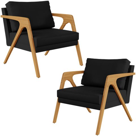 Kit 02 Poltrona Decorativa Para Sala Pietra Estrutura De Madeira L02 Corano Preto - Lyam Decor