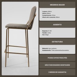 Banqueta Alta Moderna Estilo Industrial na Cor Preta com Tecido Linho Bege - 3