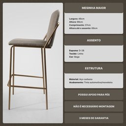 Banqueta Alta Moderna Estilo Industrial na Cor Preta com Tecido Linho Bege - 12