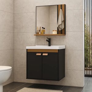 Kit Pia Gabinete Cuba Espelheira Armário Banheiro Lavabo Preto/nature