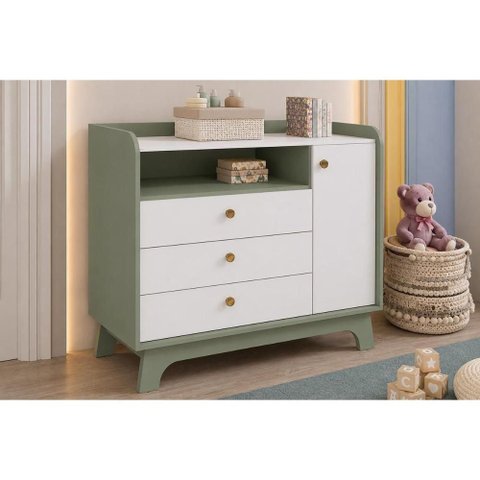 Cômoda Solteiro T402 1 Porta e 3 Gavetas Branco/Verde Kappesberg