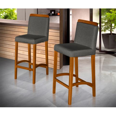 Banqueta Dubai Alta Bar Luxo Pés em Madeira Maciça Área Gourmet Balcão Sacada Hall Cor Cinza