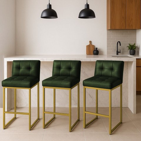 Banqueta Cozinha Alta com Encosto Industrial Kit 3 Dourado Lirina Pu Verde C05 - D’Rossi