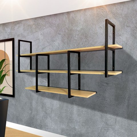 Estante Industrial Suspensa Parede Ferro e Madeira Casa