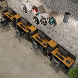 Conjunto de Escritório Smart 3 Livreiro e 4 Mesas 90cm - Preto e Cedro