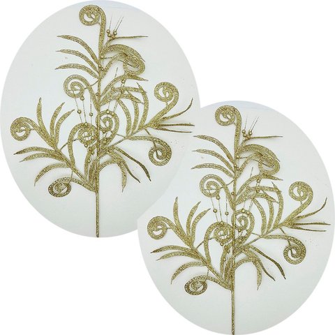 Folhas Plantas Decoração Natal Gliter Dourado 70cm Kit 12pçs