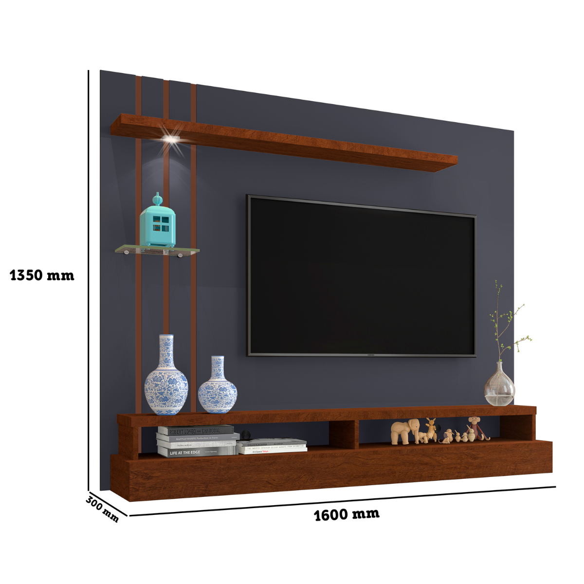 Painel TV até 55'' Com Led, Nichos e Prateleiras:Chumbo/Canela - 3