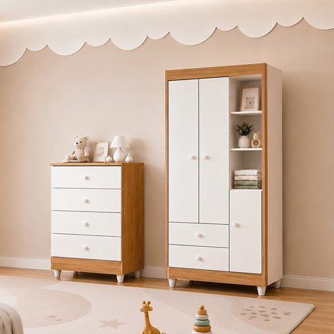 Quarto de Bebê com Guarda Roupa 3 Portas e Cômoda 100% MDF Encanto