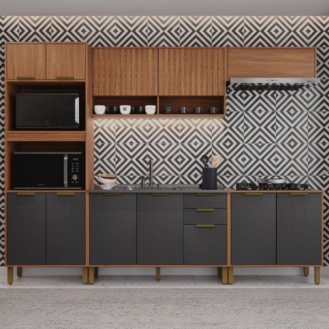 Cozinha Modulada Torre Quente Aéreo Ripado 5 Peças sem Tampo Florença Marrom/Chumbo/Freijó
