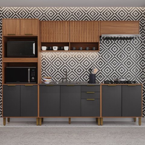 Cozinha Modulada Torre Quente Aéreo 2 Portas Ripado 5 Peças Florença Marrom/Chumbo/Freijó
