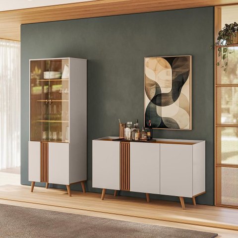 Conjunto Sala de Jantar Capri - Buffet 3 Portas + Cristaleira 2 Portas de Vidro - Colibri Decor