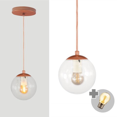 Pendente Bronze C/ Globo de Vidro Cristal de 14cm + Led 2w