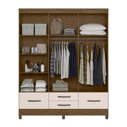 Guarda Roupa Casal Ibiza 6 Portas e 4 Gavetas com Espelho Castanho Wood/Off White - PR Móveis - 5