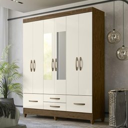 Guarda Roupa Casal Ibiza 6 Portas e 4 Gavetas com Espelho Castanho Wood/Off White - PR Móveis - 2