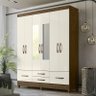 Guarda Roupa Casal Ibiza 6 Portas e 4 Gavetas com Espelho Castanho Wood/Off White - PR Móveis - 2