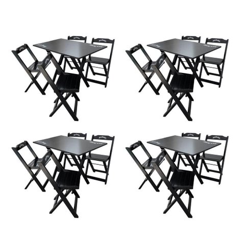 Kit 4 Conjuntos Mesa Dobrável Madeira 110x70 com 4 Cadeiras Personalizada Jack Preta - Tarimatã