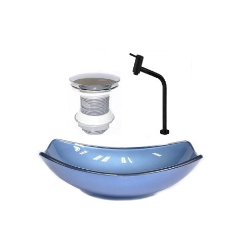 CUBA DE VIDRO OVAL CHANFRADA 51CM AZUL + VALVULA + TORNEIRA PRETA