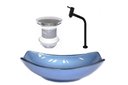 Ver imagem 1 de CUBA DE VIDRO OVAL CHANFRADA 51CM AZUL + VALVULA + TORNEIRA PRETA
