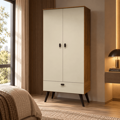 Guarda Roupa Armário Encanto com 1 Gavetao 2 Portas e Pés Estilo Retrô - Cinamomo/Offwhite