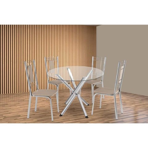 Sala de Jantar Completa Volga C/ Tampo de Vidro 95cm e 4 Cadeiras Florença Cromada - Courano Bege