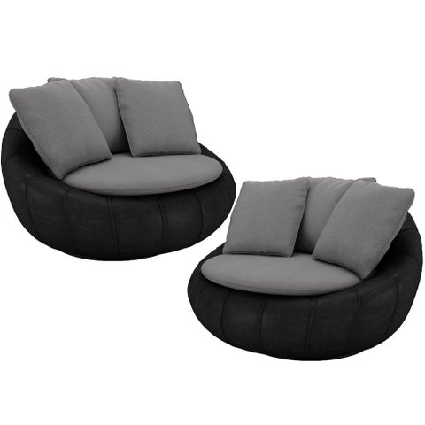 Kit 02 Poltronas para Sala de Estar Decorativa Giratória Kira Couríssimo Preto Linho Cinza - Lyam de
