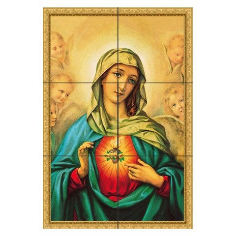 Quadro Imaculado Coração de Maria com Anjos 60x40 em Azulejos