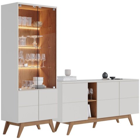 Kit para Sala de Jantar Buffet Íris com Cristaleira Martin C04 Off White Matte Freijó - Lyam Lyam de