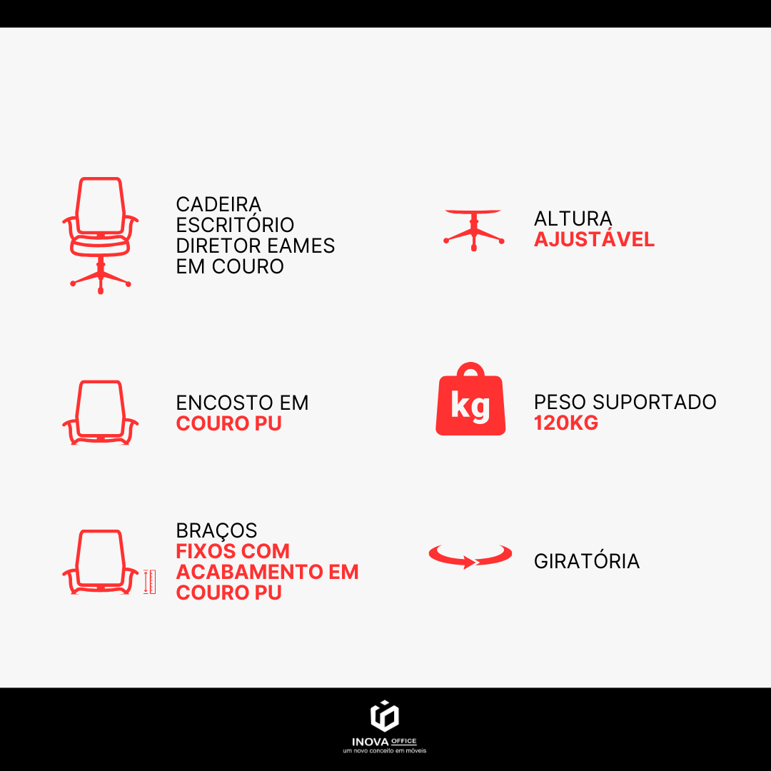 Cadeira Escritório Diretor Eames em Couro - Preta:6 Cadeiras - 9