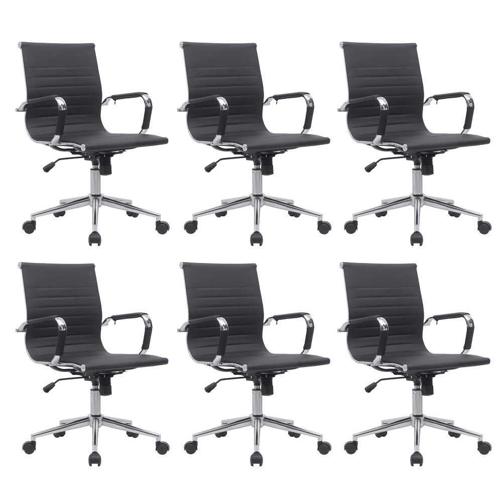 Cadeira Escritório Diretor Eames em Couro - Preta:6 Cadeiras