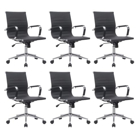Kit 6 Cadeiras de Escritório Diretor Eames em Couro - Preta