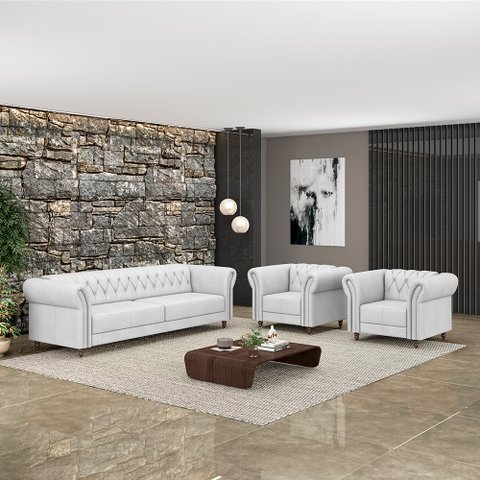 Conjunto Sala de Estar 1 Sofá Living 200cm e 2 Poltronas Stanford Chesterfield Pés Madeira Couro Bra